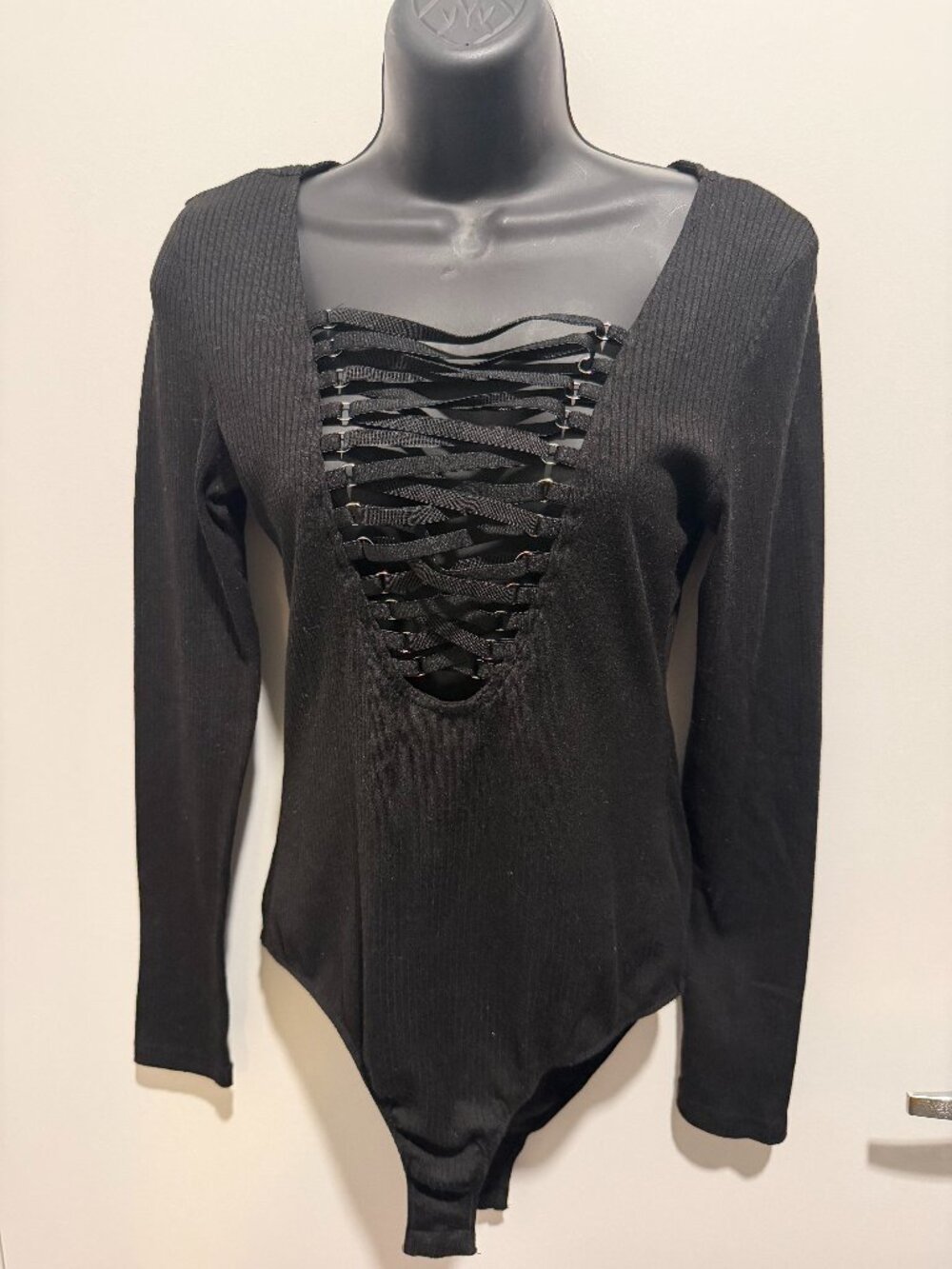 Charlotte Russe Black Ribbed Lace‑Up Bodysuit • Size M